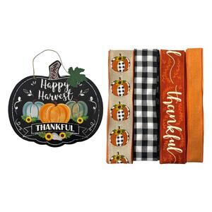 Fall Wreath Kit "Happy Harvest Thankful" Pumpkin Sign & Thankful Ribbon Bundle